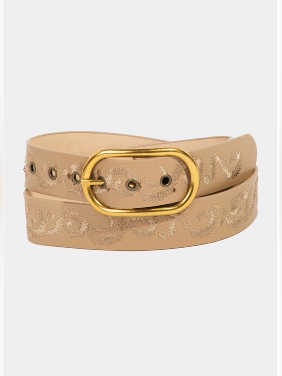 Boutique Brand Accessories - Beige Embroidered Leather Like Belt with Gold Oval Buckle